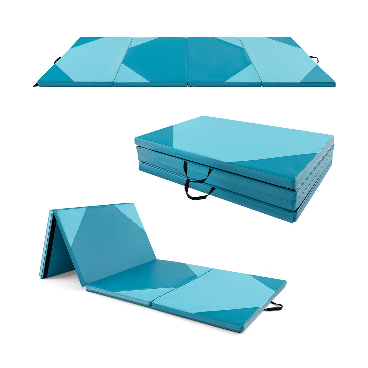 Extra Long 120 Inch Foldable Gym Mat 48 Inch Wide 2 Inch Thick Foam Exercise Tumbling Mat PU Leather Cover Portable Training Mat with Secure Fastening System